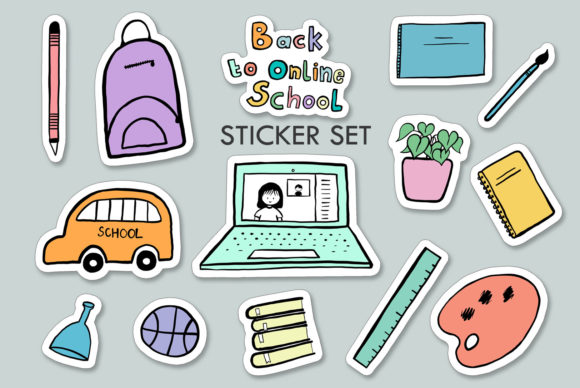 Back to Online School Sticker Set for Print